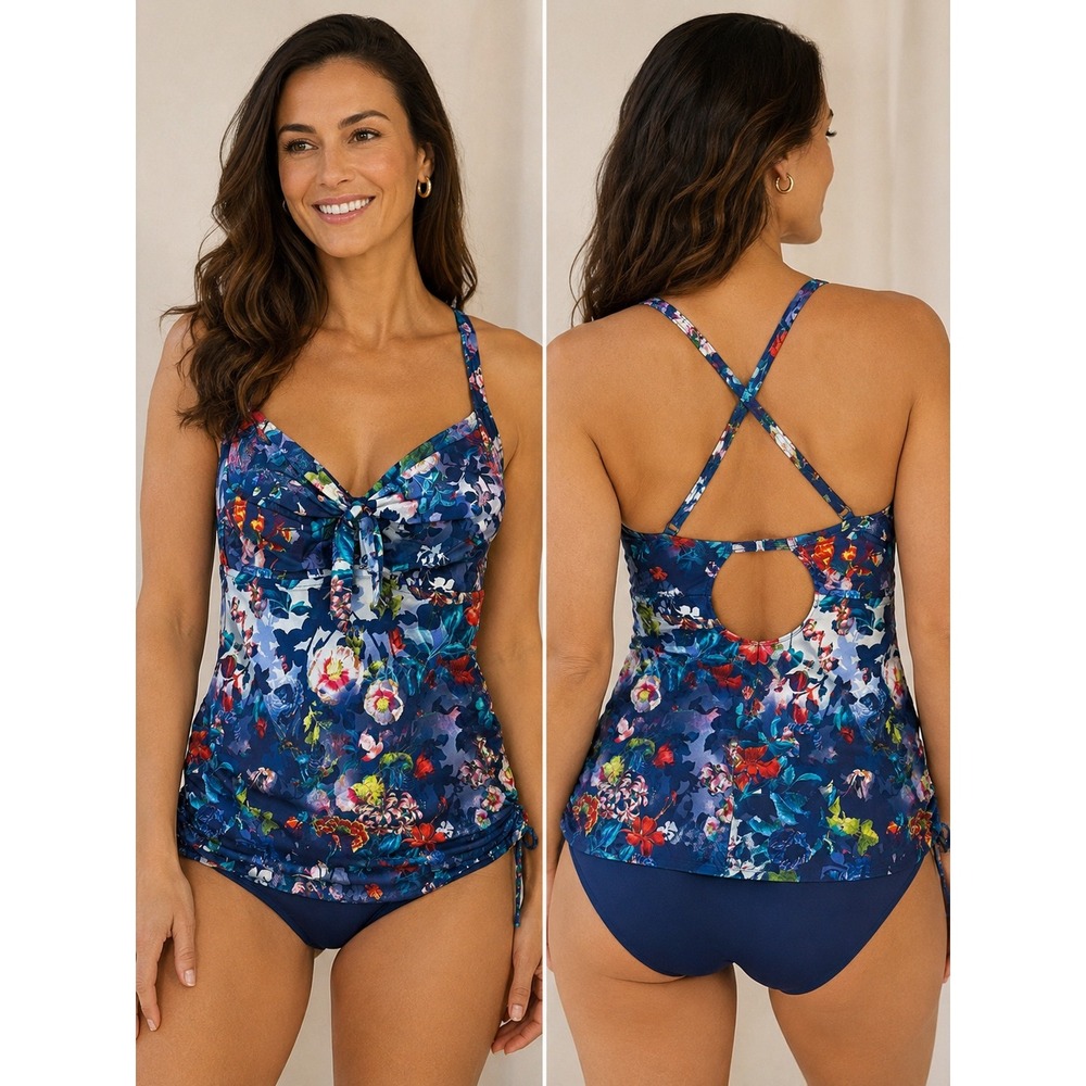 Isola by Megan Gale Floral Tankini Top Blue Ruched Crisscross Back Swimwear‎
